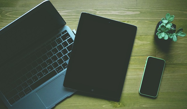 Laptopt, ipad et iphone avec une plante sur une table en bois
